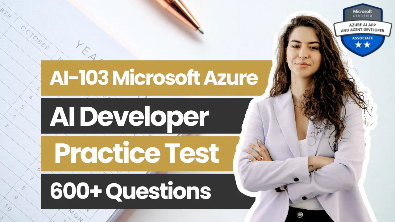 AI-103 Microsoft Azure AI Developer practice test with 600 plus questions.