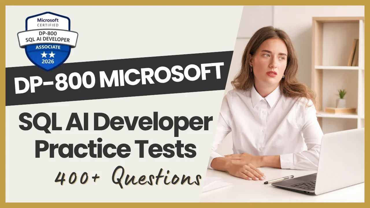 Woman studying for DP-800 Microsoft SQL AI Developer exam with laptop and practice tests.