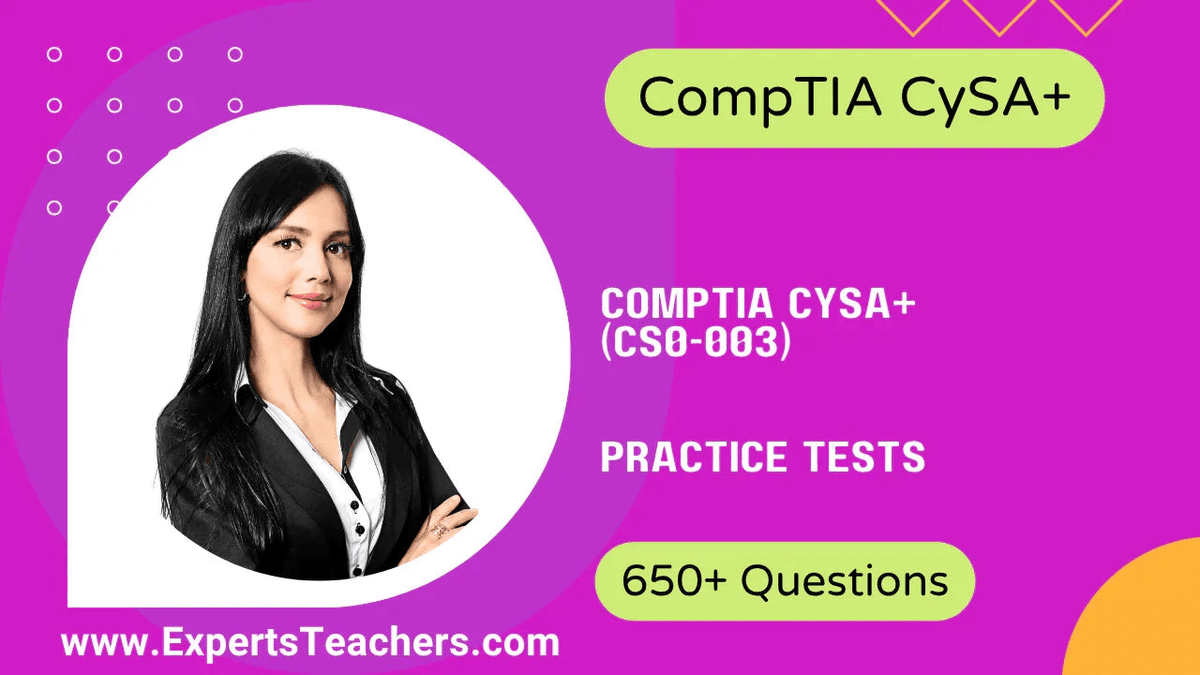 CompTIA CySA+ CS0-003 practice tests with 650+ exam questions and female instructor portrait.