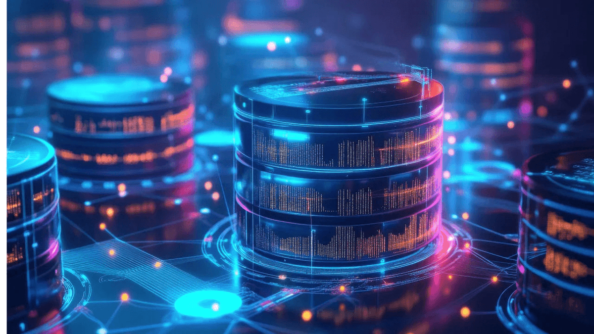 Abstract glowing digital database servers with blue and orange data visualization nodes.