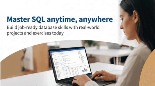 Woman practicing SQL database skills on a laptop for IT certification training.