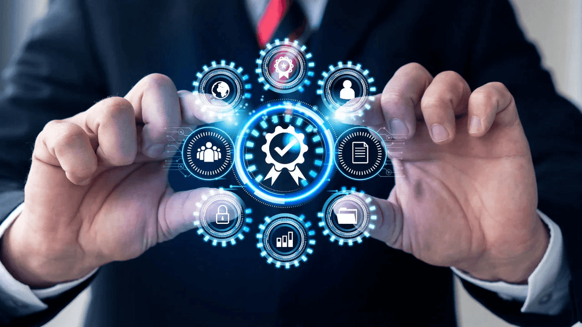 Professional in a suit interacting with a digital IT certification and exam preparation interface.