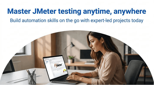 Woman practicing JMeter performance testing on a laptop for automation skills development.