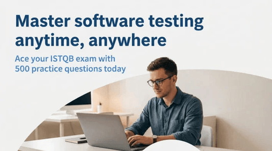 Man studying ISTQB software testing exam preparation with laptop and practice questions.