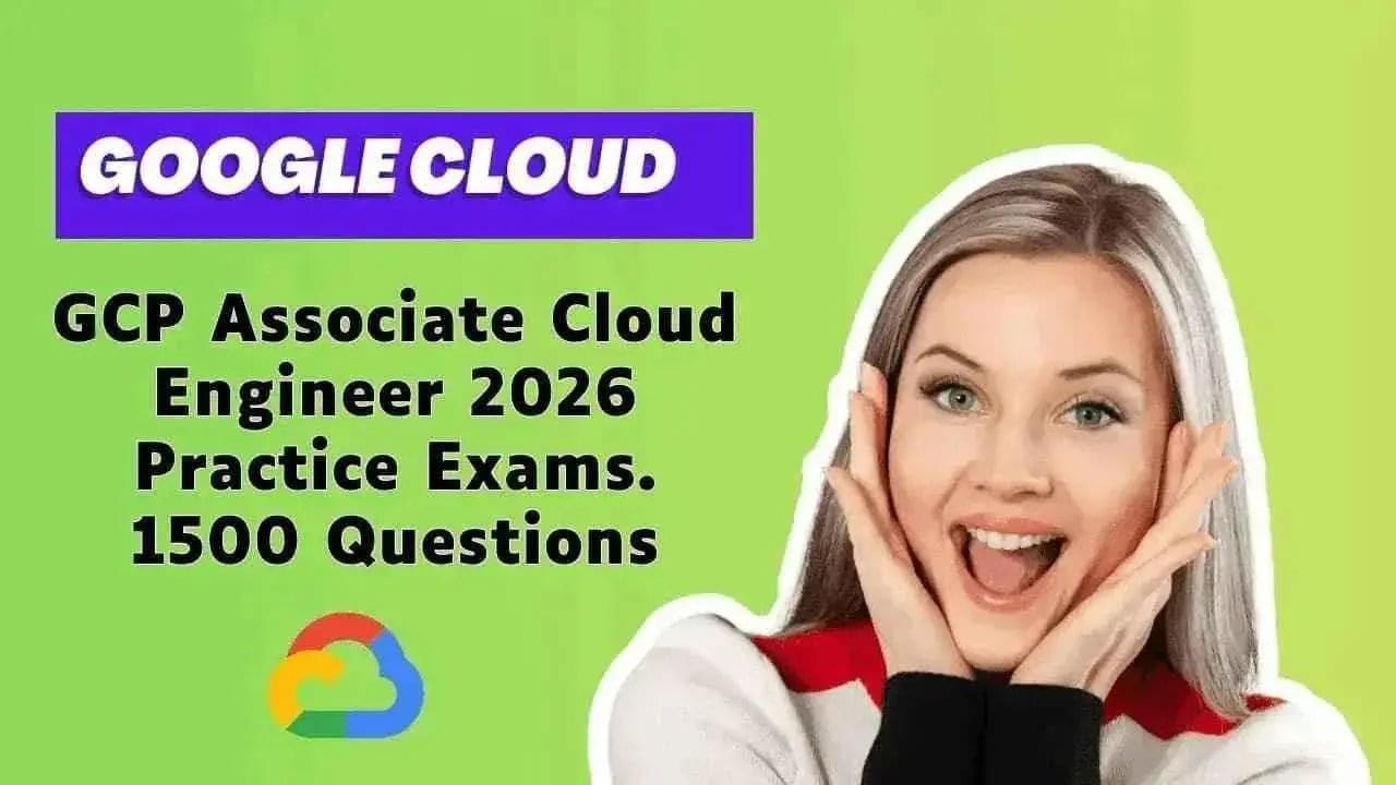 Excited woman with Google Cloud GCP Associate Cloud Engineer 2026 practice exams and 1500 questions.