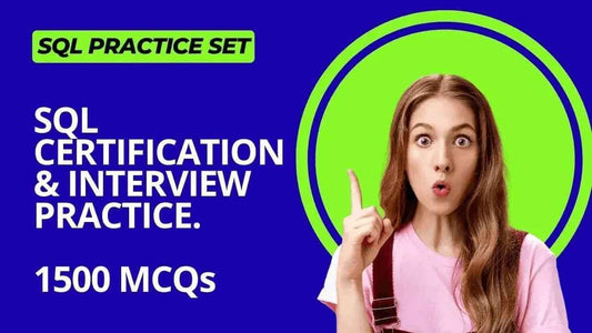 SQL certification and interview practice set with 1500 MCQs on a blue background.