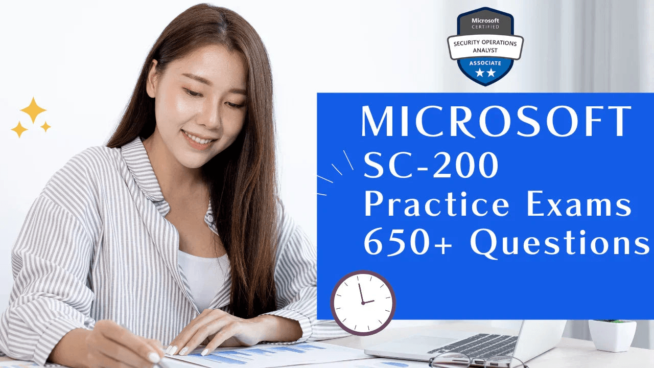 Smiling woman studying for Microsoft SC-200 Security Operations Analyst practice exams.