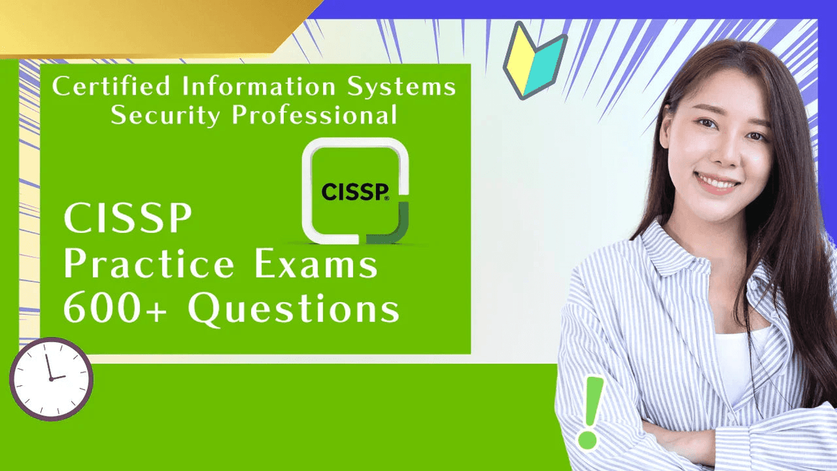 Smiling woman with CISSP practice exams text featuring 600+ questions for certification prep.