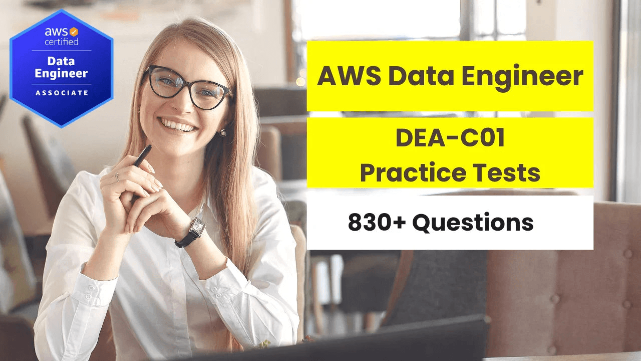 Smiling woman studying for AWS Data Engineer DEA-C01 certification with 830+ practice questions.