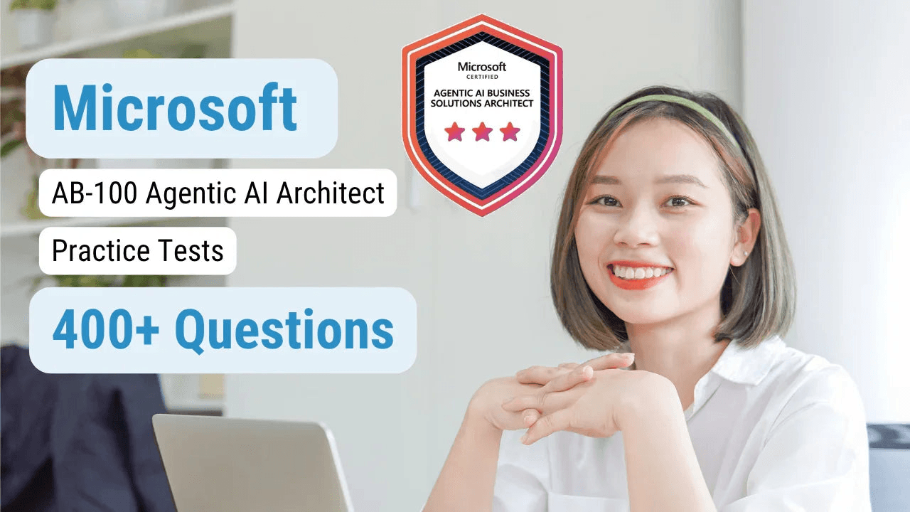 Smiling woman studying Microsoft AB-100 Agentic AI Architect practice tests with 400+ questions.