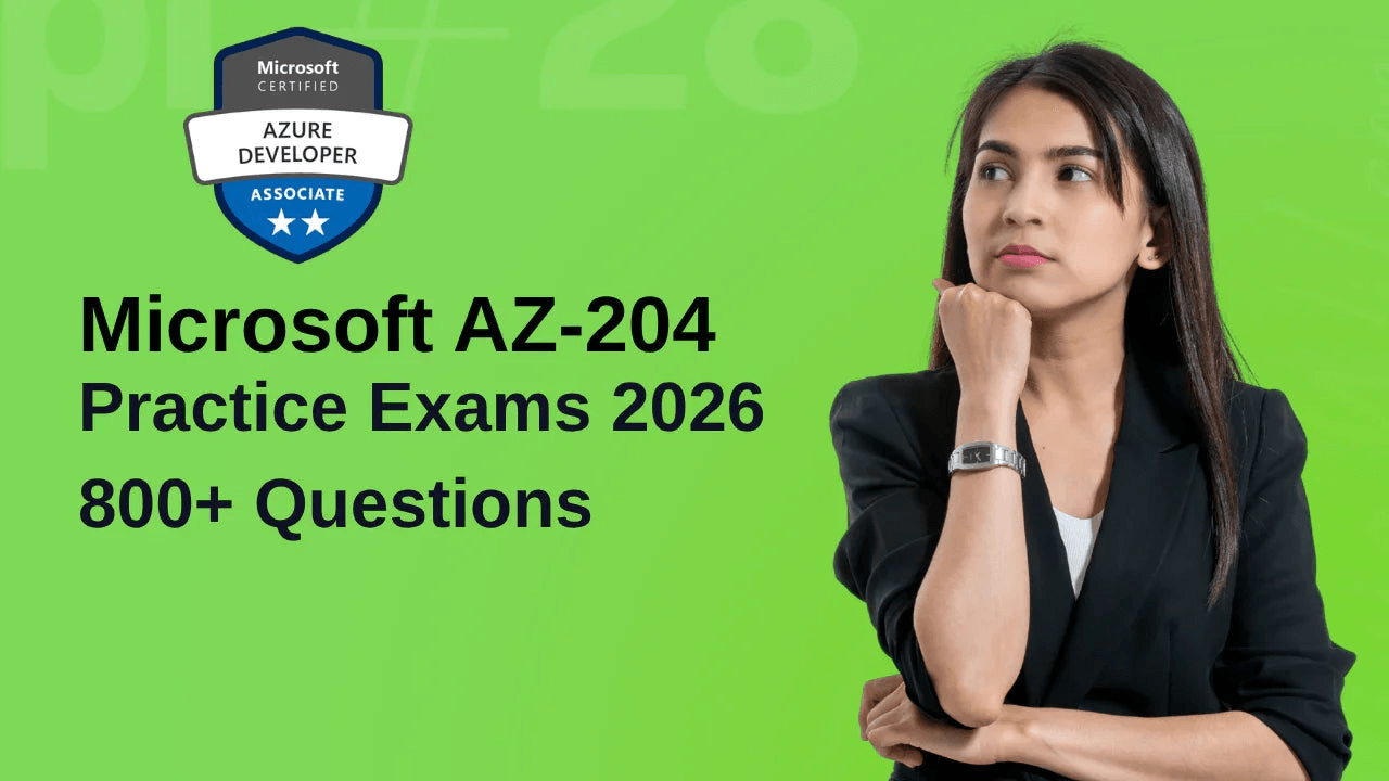 Thinking woman professional with Microsoft AZ-204 Azure Developer Associate practice exams text.