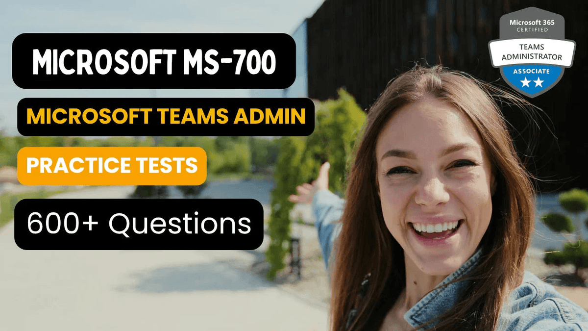 Smiling woman presenting Microsoft MS-700 Teams Administrator practice tests with 600+ questions.