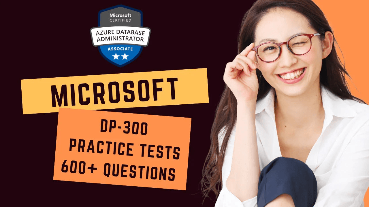 Smiling woman with glasses next to Microsoft DP-300 Azure Database Administrator Associate practice tests.