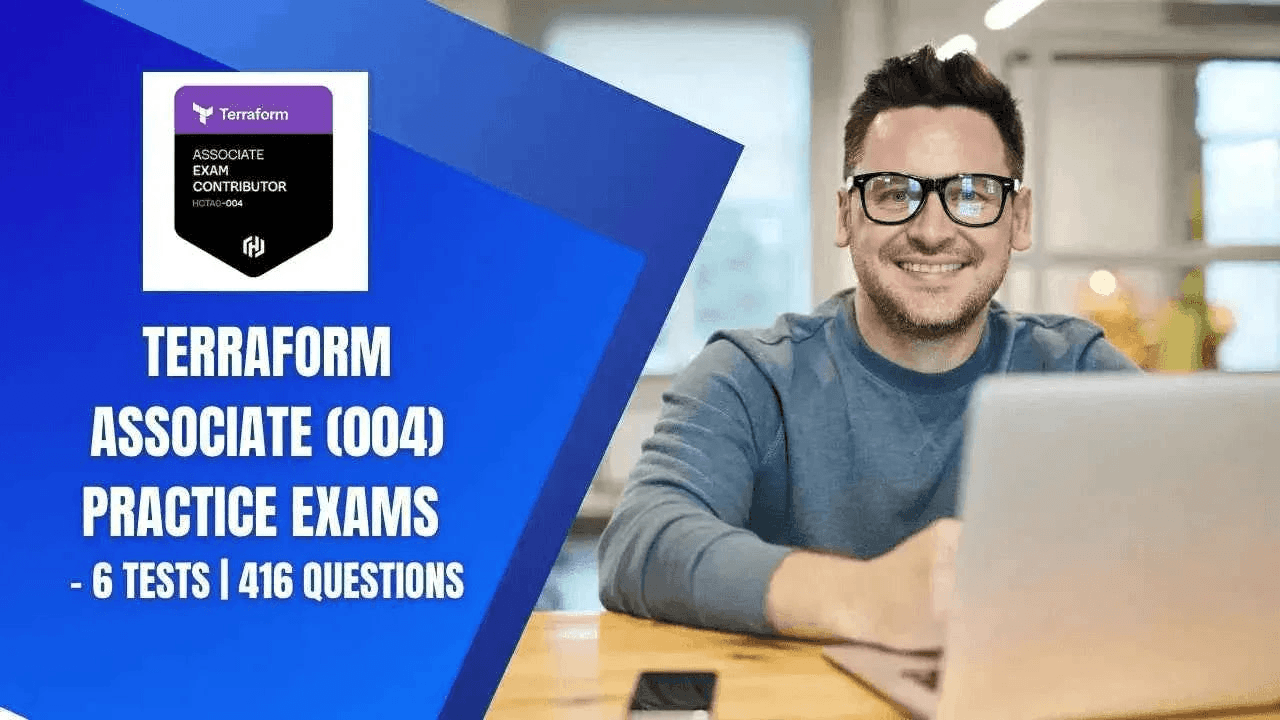 Terraform Associate practice exams by ITPracticeTests, showing six test screens with questions for online certification prep.