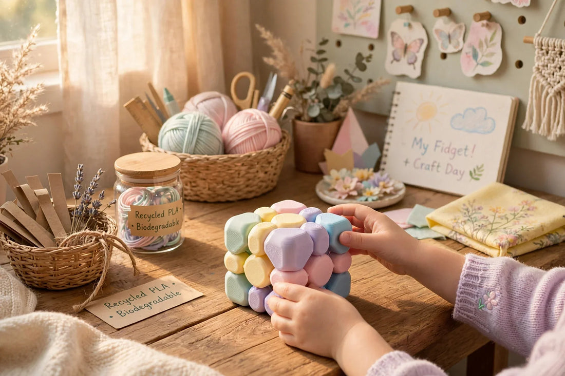Close-up of child's hands holding a colorful 3D printed fidget toy on a wooden table