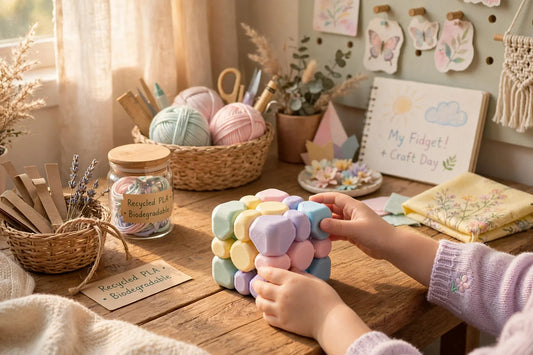 Close-up of child's hands holding a colorful 3D printed fidget toy on a wooden table