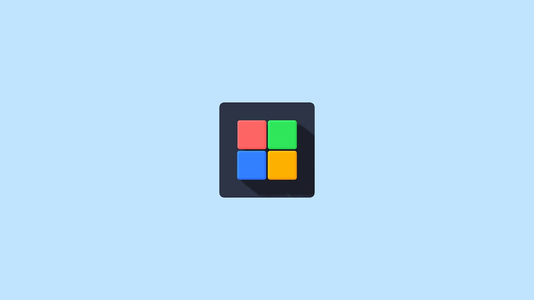 a blue background with a colorful square icon