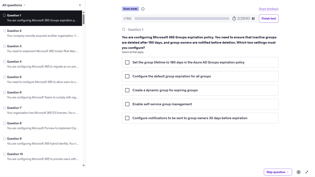 MS-102 Microsoft 365 Administrator Expert Practice Tests