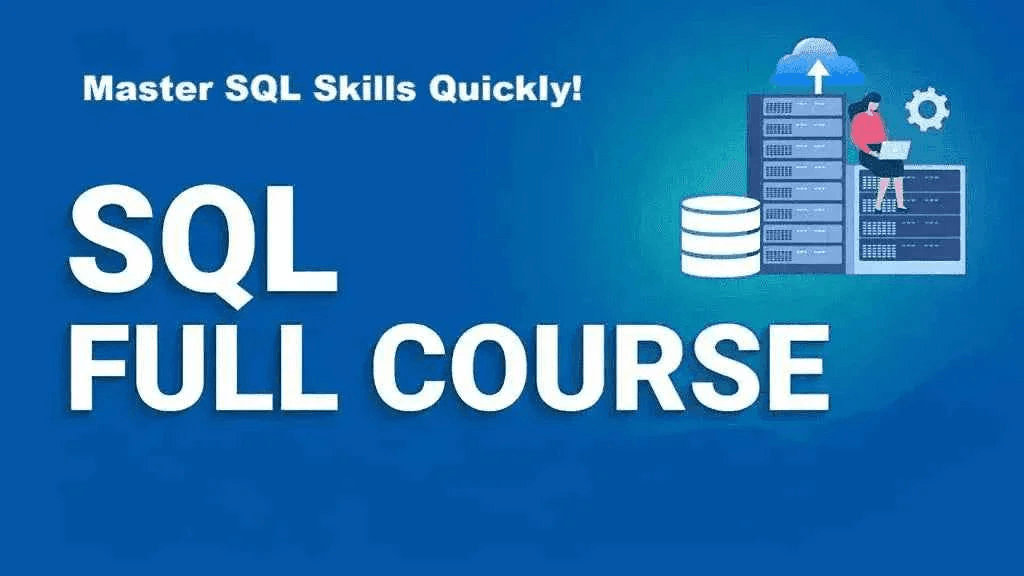 SQL Full Course banner with database icons and cloud computing graphics on a blue background.